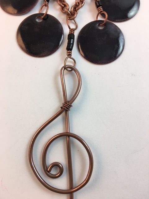 Karen Meador, Ph.D.'s Treble Clef Necklace - , Contemporary Wire Jewelry, Loops, Wire Loop, Wrapped Wire Loop, Spirals, Wire Spiral, Spiral Wire Wrap, treble clef necklace